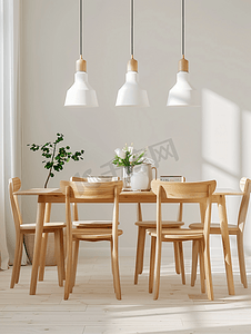 时尚餐厅内部的室内设计与家庭木桌现代椅子