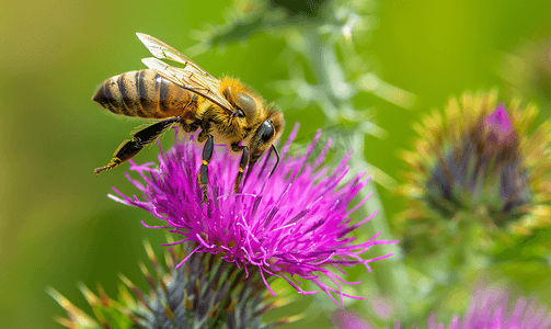蜜蜂在矛蓟花上蜜蜂在紫色尖刺花上