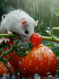 绿草上水滴中新鲜西红柿的特写白老鼠吃