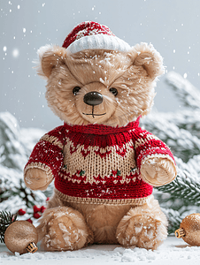 卡通可爱小插画摄影照片_圣诞横幅上画着可爱的小熊穿着丑陋的圣诞毛衣