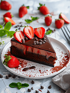草莓馅饼摄影照片_草莓甜点配巧克力蛋糕