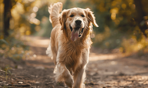 运动中奔跑的照片美丽的金毛猎犬在公园户外散步