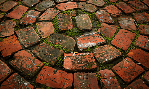 几何红色摄影照片_带脏苔藓的红色圆形铺砖