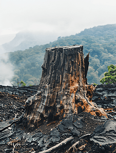 碎花立体摄影照片_火山喷发后树桩碎裂树木被夺走