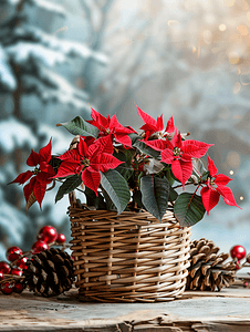 十二月花卉摄影照片_木桌上用一品红装饰的柳条篮和圣诞节背景