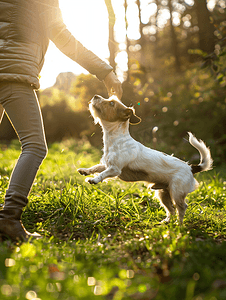 主人在公园里和杰克罗素梗犬玩耍