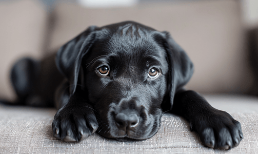 一只黑色拉布拉多猎犬躺在沙发上拉布拉多小狗看着镜头