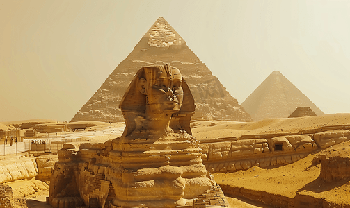 埃及开罗吉萨狮身人面像和金字塔雕像