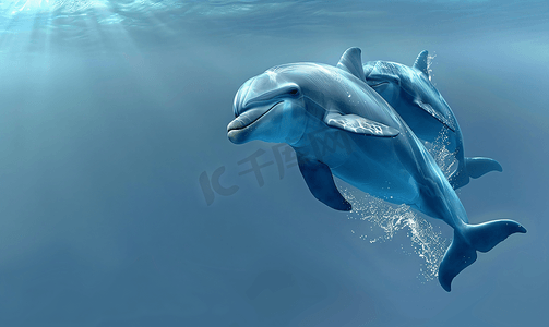 卡通蓝色的背景摄影照片_可爱的海豚游泳
