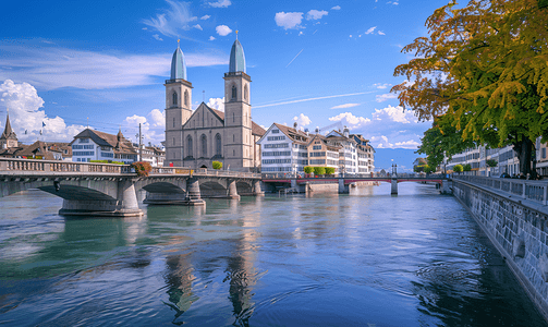 瑞士苏黎世格罗斯蒙斯特教堂景观