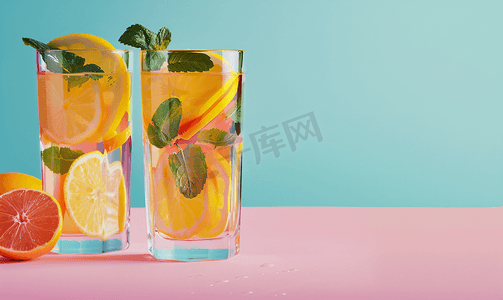 水果冰摄影照片_眼镜中的柑橘类水果柠檬水