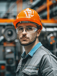 精密手册摄影照片_工厂室内的产业工人戴橙色安全帽的年轻技术员