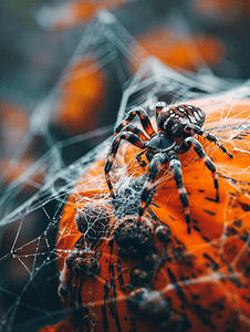 蜘蛛坐在南瓜上被网覆盖诡异的万圣节背景