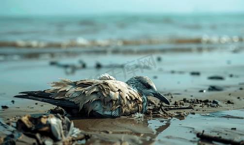 呼和浩特死者摄影照片_受污染海滩上的鸟尸体