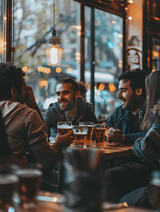 一群年轻朋友坐在酒吧里喝啤酒聊天