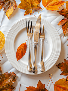 双十一邀请卡摄影照片_秋季餐桌布置配有秋叶叉子和刀子