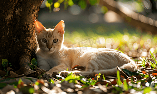 暹罗猫或泰国猫坐在树下柔和而有选择的焦点