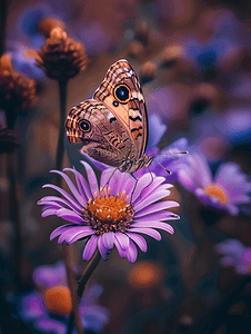 紫色花上的草甸棕色蝴蝶