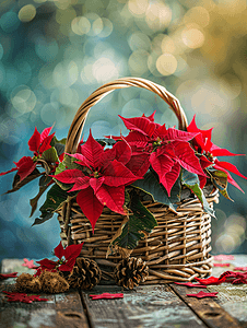 木桌上用一品红装饰的柳条篮和圣诞节背景