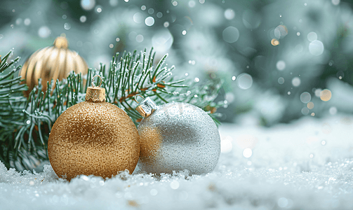 雪假日背景圣诞树上的银金小玩意