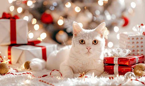 猫树摄影照片_白色家猫坐在圣诞礼物和装饰品旁冬季假期横幅