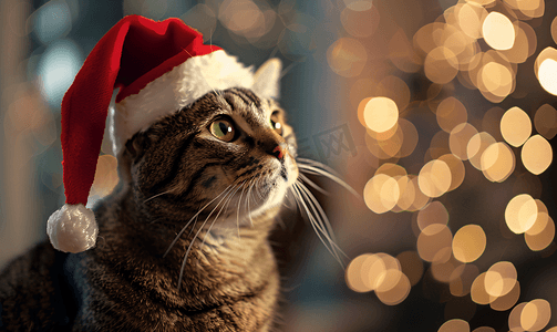 猫插图摄影照片_戴着圣诞老人帽子和圣诞灯散景的猫