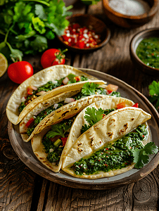 木桌上的玉米饼碗配有绿色酱汁和蔬菜典型的墨西哥食物