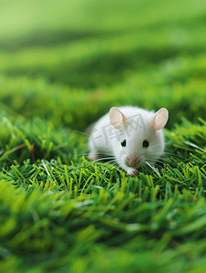 小绿草摄影照片_绿草背景上的白老鼠