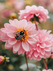粉红色大丽花花上的大黄蜂在大自然中特写