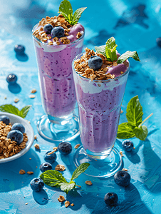 蓝莓冰沙和格兰诺拉麦片放在高脚杯中