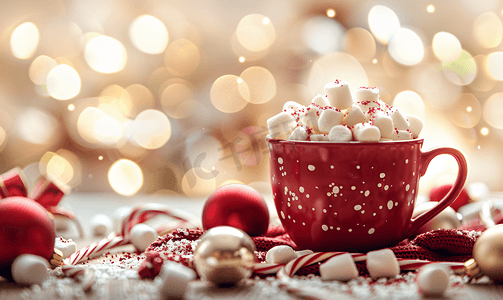 一杯热巧克力配有棉花糖和圣诞装饰