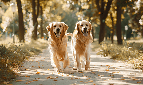 两只漂亮的金毛猎犬一起在公园户外散步