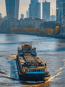 工业驳船驶过伦敦泰晤士河上的商业中心