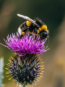 大黄蜂在一朵紫色的尖刺花上