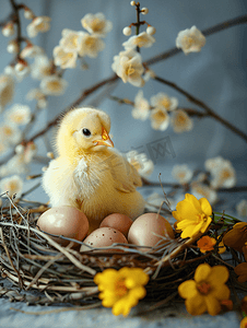 黄背景复古摄影照片_复活节贺卡上画着黄鸡鸡窝附近满是鸡蛋