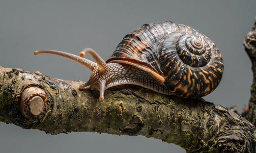 陆地动物摄影照片_树枝上的非洲巨型陆地蜗牛