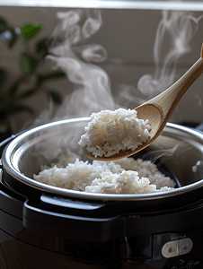 电饭锅发热管摄影照片_从电饭锅中舀出热腾腾的米饭