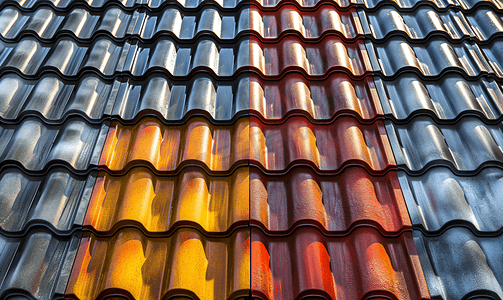 屋顶瓦片由陶瓷和金属材料制成顶视角