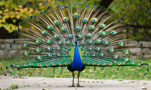 蓝色孔雀摄影照片_孔雀雄性孔雀展示他的尾羽