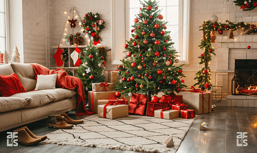 首页装修新年摄影照片_圣诞新年静物与圣诞树和家居室内装饰品