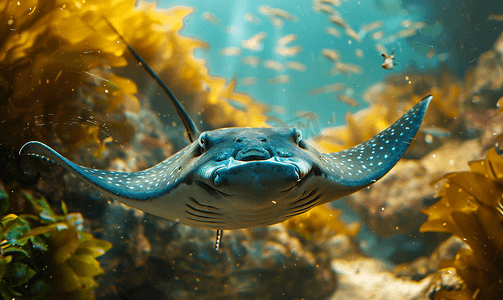 红黄水彩泼墨摄影照片_开普敦两洋水族馆的黄貂鱼