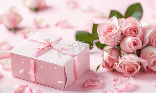 粉红色柔和的玫瑰与礼品盒