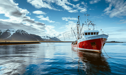 大型户外摄影照片_冰岛海岸的单一大型商业渔船