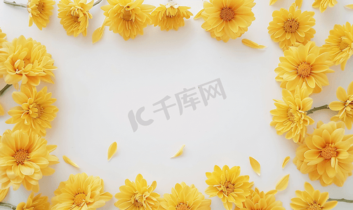 黄色圆圈摄影照片_黄色花朵圆框白色背景菊花花环复制空间