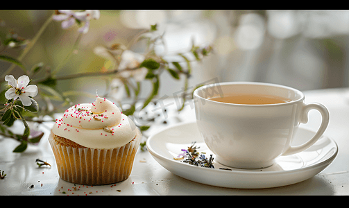 下午茶糕点摄影照片_一杯茶和一块纸杯蛋糕草药茶和甜点