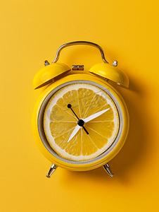 创意闹钟摄影照片_黄色背景上带有柠檬表盘的创意概念时钟