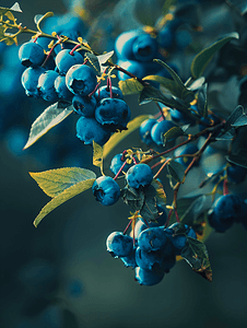 夏天蓝莓浆果挂在花园灌木的树枝上