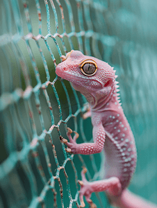 红色小房子摄影照片_小粉红色壁虎蜥蜴爬上墨西哥奥尔沃克斯岛的网