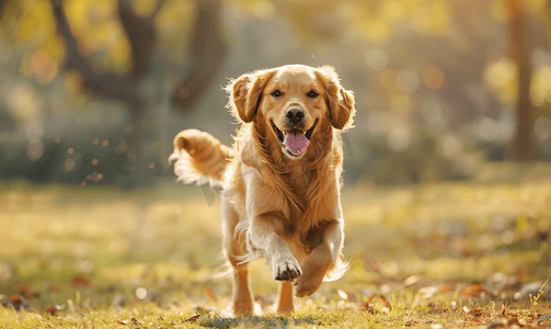 散步摄影照片_运动中奔跑的照片美丽的金毛猎犬在公园户外散步