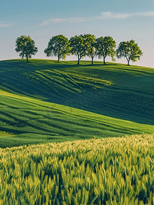 华盛顿帕卢斯附近连绵起伏的山丘上麦田中间的一排树